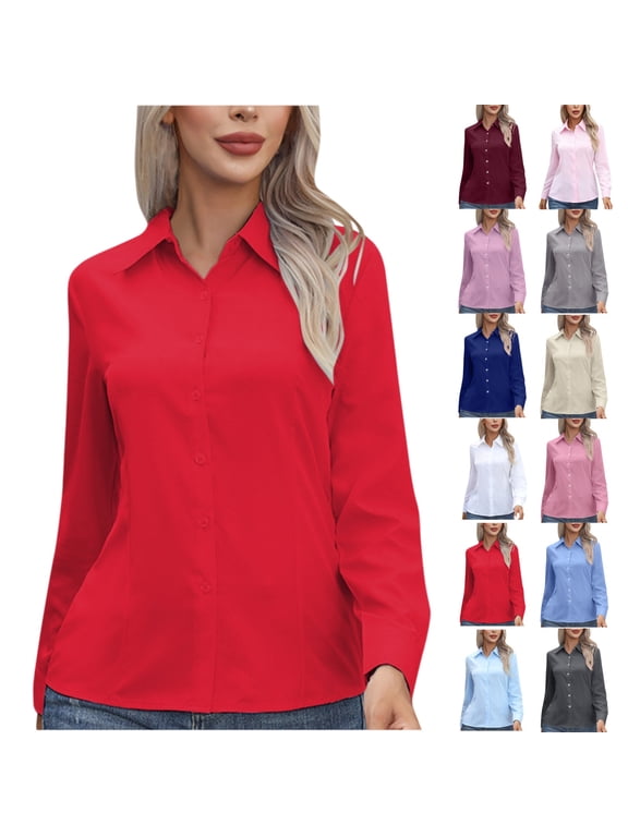 Womens Dress Shirts Long Sleeve Classic-Fit Button Down Shirt Wrinkle-Free Business Casual Blouse Office Work Tops Plus Size for Women S-5XL