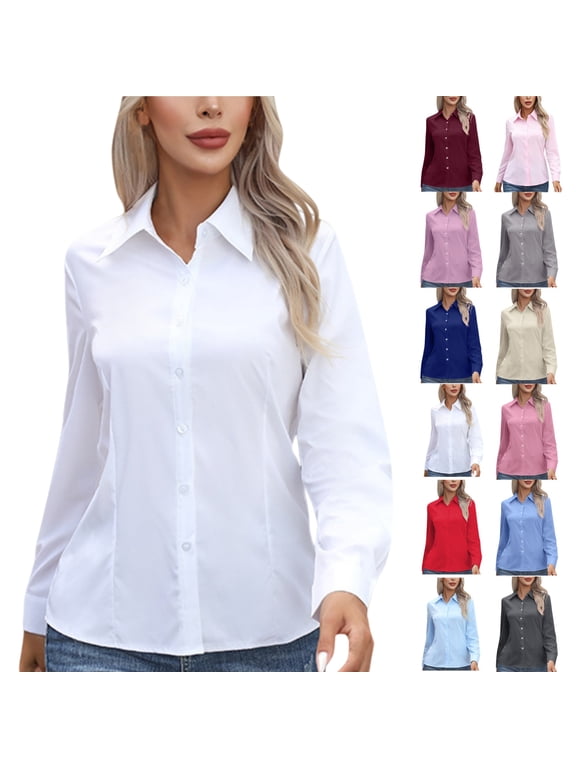 Womens Dress Shirts Long Sleeve Classic-Fit Button Down Shirt Wrinkle-Free Business Casual Blouse Office Work Tops Plus Size for Women S-5XL