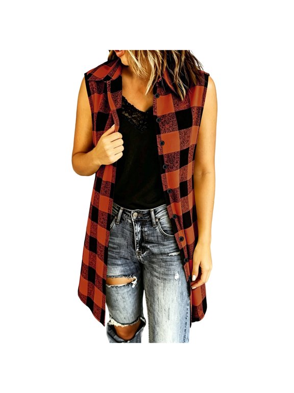Womens Fall Plaid Vest Button Front Sleeveless Shirt Jacket Lapel Collared Casual Loose Fit Layering Outerwear Vest with Pockets