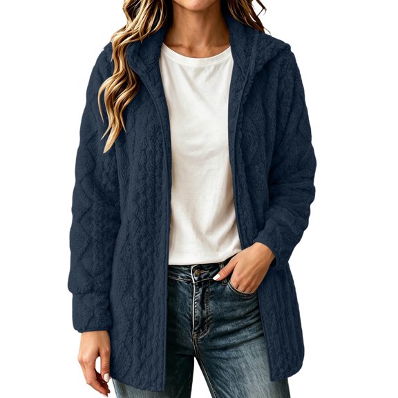 Cmfcve Womens Fleece Cardigan Open Front Hooded Coat Mid Length Winter Thick Warm Fuzzy Jackets
