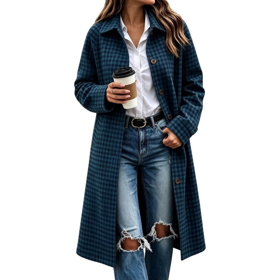 Cmfcve Womens Gingham Plaid Long Overcoat Button Front Business Casual Coat Fall Winter Collared Outerwear