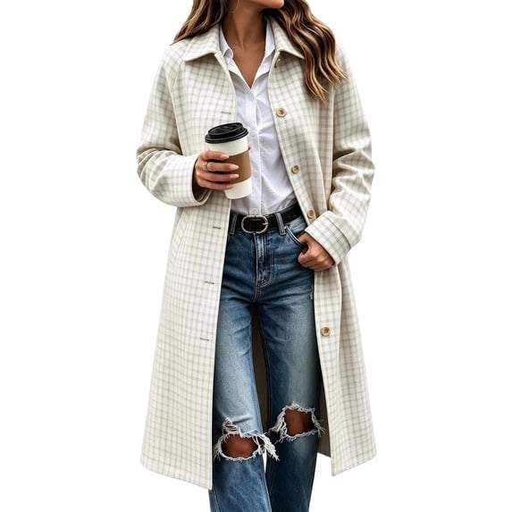Cmfcve Womens Gingham Plaid Long Overcoat Button Front Business Casual Coat Fall Winter Collared Outerwear