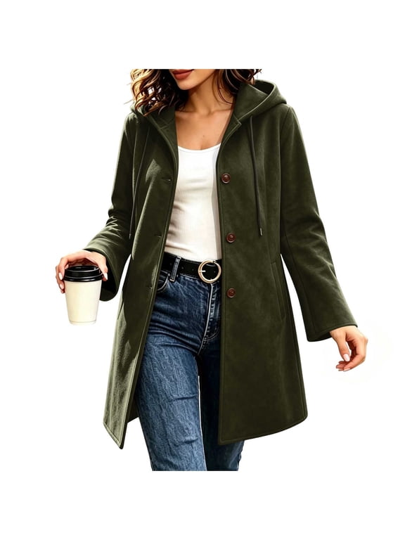 Womens Hooded Coat Faux Suede Mid Length Jacket Button Front Long Sleeve Casual Outerwear with Side Pockets for Fall Winter