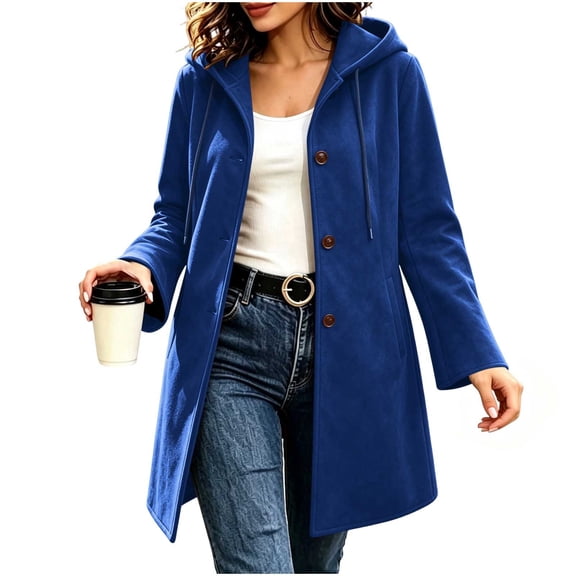 Cmfcve Womens Hooded Coat Faux Suede Mid Length Jacket Button Front Long Sleeve Casual Outerwear with Side Pockets for Fall Winter