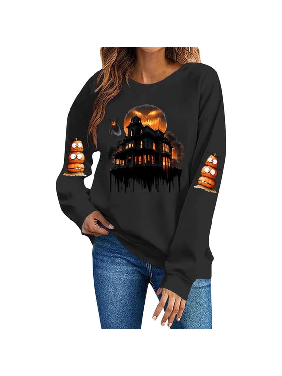 Womens Long Sleeve Halloween Pumpkin Top Vintage Printed Casual Crewneck Sweatshirt Fall Pullover Sweatshirts