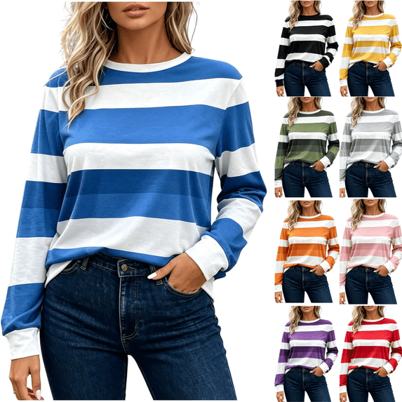 Cmfcve Womens Long Sleeve Shirts Striped Crew Neck Basic Tops Fall Fashion Casual Loose Fit Blouses