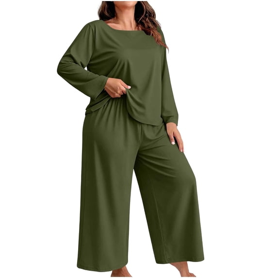 Cmfcve Womens Plus Size 2 Piece Pajama Sets Long Sleeve Tops & Wide Leg Pants Fall Loungewear Set