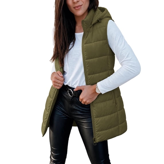 Cmfcve Womens Plus Size Full Zip Puffer Vest Long Hooded Sleeveless Padded Jacket Fall Winter Casual Quilted Warm Outerwear