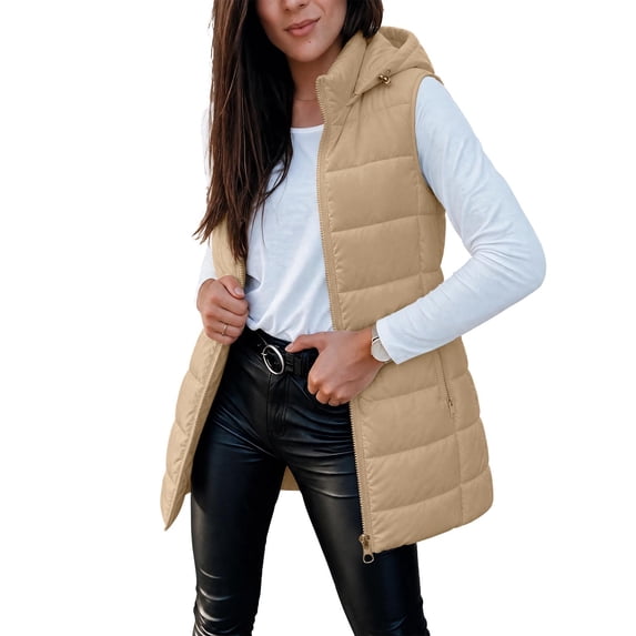 Cmfcve Womens Plus Size Full Zip Puffer Vest Long Hooded Sleeveless Padded Jacket Fall Winter Casual Quilted Warm Outerwear