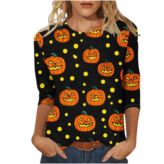 Cmfcve Womens Plus Size Halloween 3/4 Sleeve Top Cute Print Crew Neck T-Shirt Loose Fit Fall Casual Festival Tee