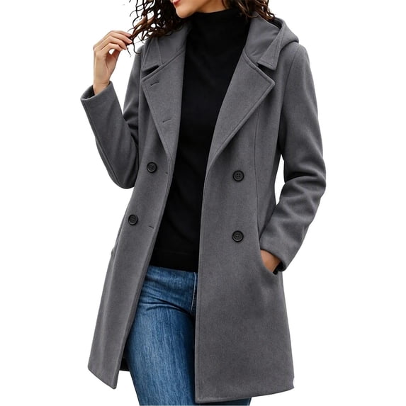 Cmfcve Womens Plus Size Hooded Coats Double‑Breasted Mid Length Overcoat Long Sleeve Casual Outerwear Jacket
