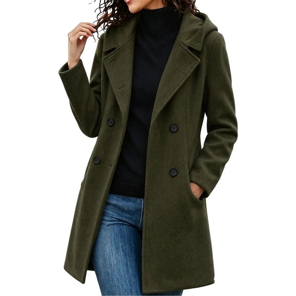 Cmfcve Womens Plus Size Hooded Coats Double‑Breasted Mid Length Overcoat Long Sleeve Casual Outerwear Jacket