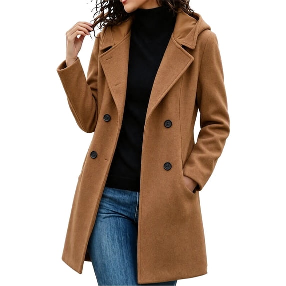 Cmfcve Womens Plus Size Hooded Coats Double‑Breasted Mid Length Overcoat Long Sleeve Casual Outerwear Jacket