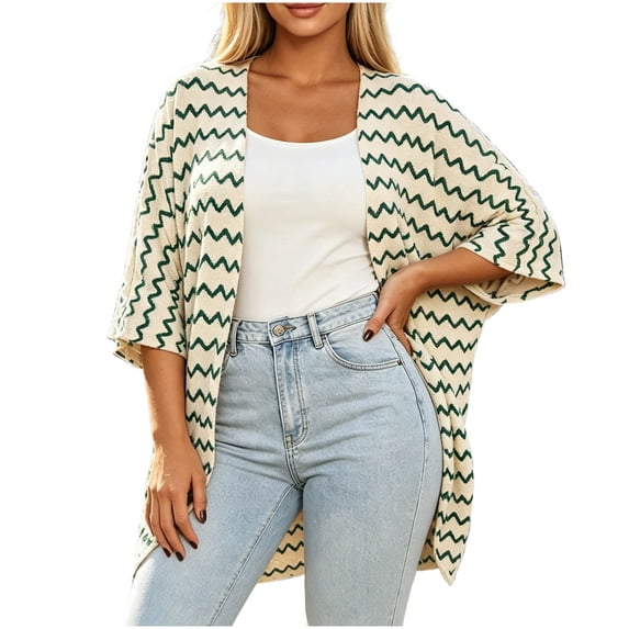 Cmfcve Womens Plus Size Kimono Cardigans Striped Open Front 3/4 Sleeve Shirts Lightweight Casual Cover Up Tops