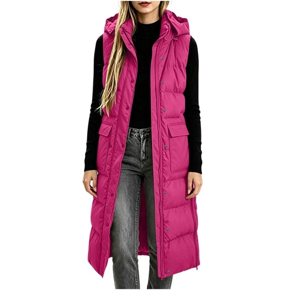 Cmfcve Womens Plus Size Puffer Vest Long Hooded Sleeveless Jacket Zip Snap Front Winter Casual Layering Outerwear