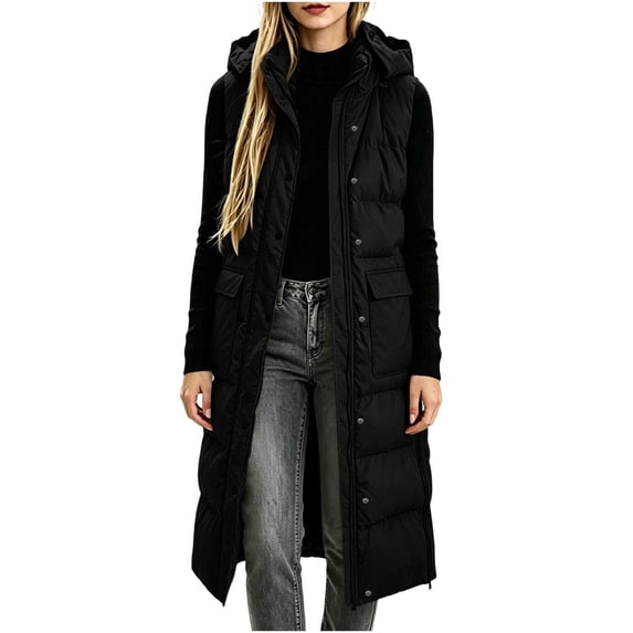 Cmfcve Womens Plus Size Puffer Vest Long Hooded Sleeveless Jacket Zip Snap Front Winter Casual Layering Outerwear