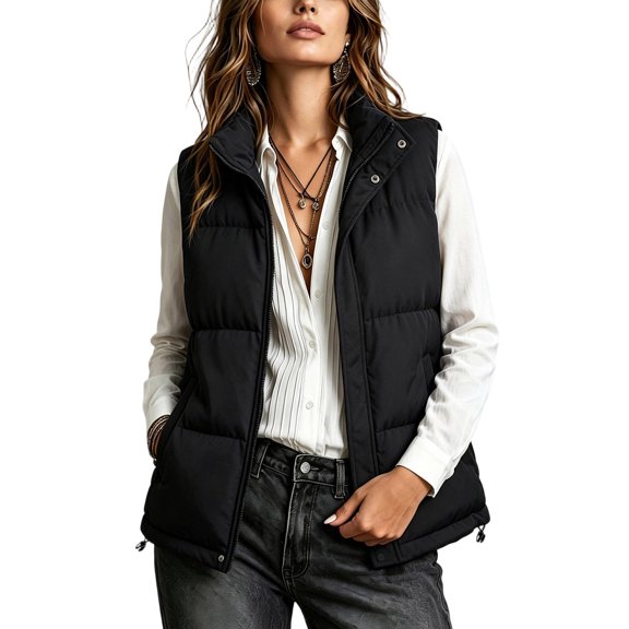 Cmfcve Womens Plus Size Puffer Vest Winter Warm Sleeveless Padded Jacket Stand Collar Full Zip Casual Outerwear