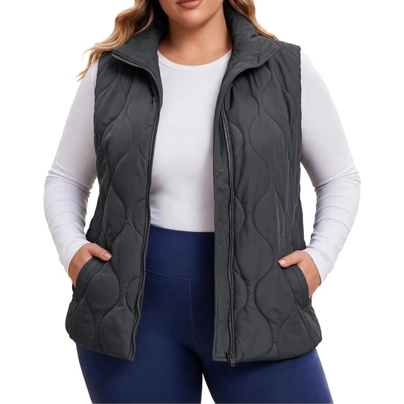 Cmfcve Womens Plus Size Quilted Vest Stand Collar Sleeveless Puffer Jacket Full Zip Fall Winter Casual Layering Outerwear