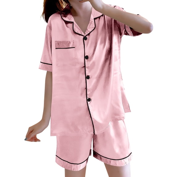 Cmfcve Womens Plus Size Silk Satin Pajama Sets Soft Short Sleeve Button Down Sleepwear Top and Shorts 2 Piece Pjs Lounge Set