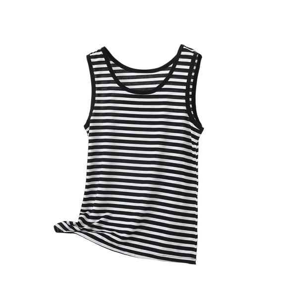 Cmfcve Womens Plus Size Vest Black & White Striped Crew Neck Tank Top Loose Fit Basic Casual Summer Sleeveless Shirts