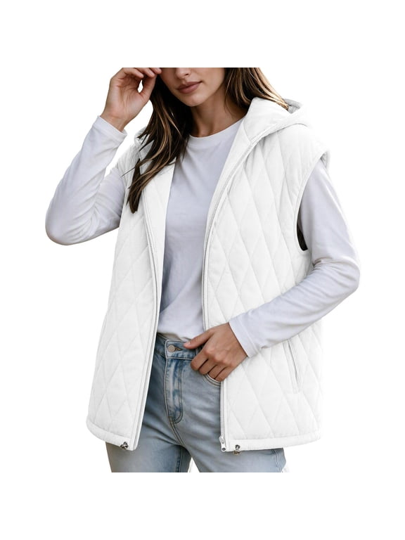 Womens Plus Size Winter Hooded Quilted Faux Suede Vest Full Zip Sleeveless Jacket Casual Warm Padded Outerwear