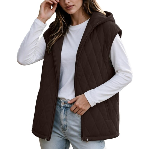 Cmfcve Womens Plus Size Winter Hooded Quilted Faux Suede Vest Full Zip Sleeveless Jacket Casual Warm Padded Outerwear