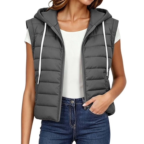 Cmfcve Womens Plus Size Zip up Puffer Vest Hooded Sleeveless Padded Jacket Coat Solid Winter Warm Outwear