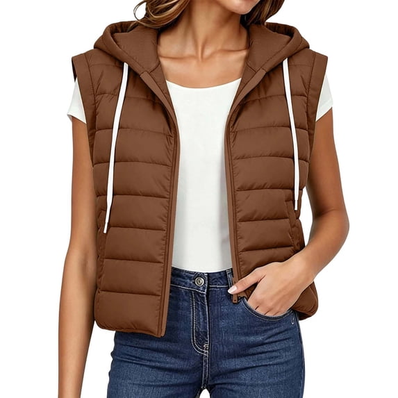 Cmfcve Womens Plus Size Zip up Puffer Vest Hooded Sleeveless Padded Jacket Coat Solid Winter Warm Outwear