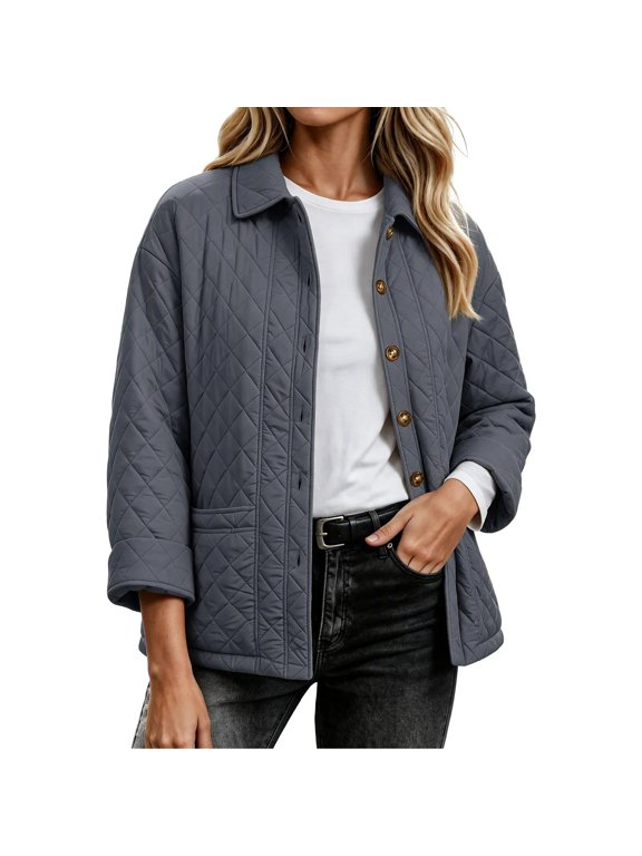Womens Quilted Shacket Button Front Short Jacket Fall Winter Collared Outerwear With Pockets