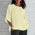 thumbnail image 1 of Cmfcve Woman Linen Shirt Plus Size Solid Color Crop Top Round Neck Short Sleeves Camp Shirts, 1 of 6