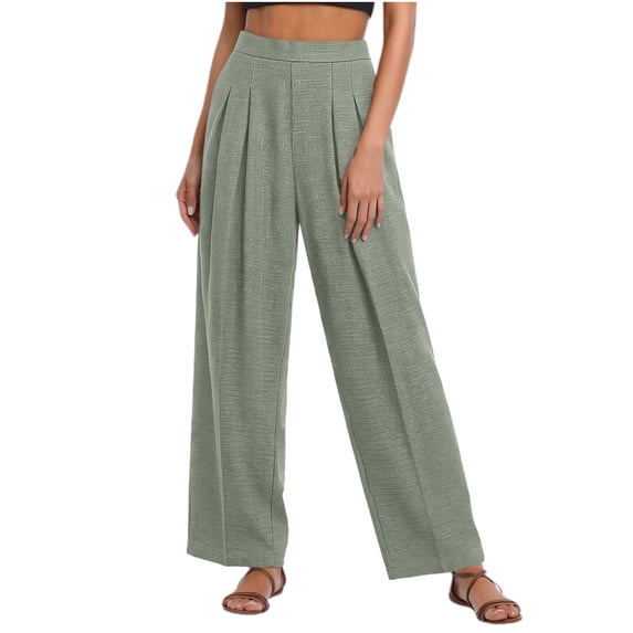 Cmfcve Womens Wide Leg Pants Like Linen High Waisted Pleated Front Palazzo Pants Casual Loose Fit Business Trousers