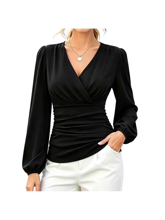 Womens Wrap V Neck Long Sleeve Blouse Plus Size Puff Shoulder Lantern Sleeve Ruched Waist Slim Fit Elegant Dressy Tops