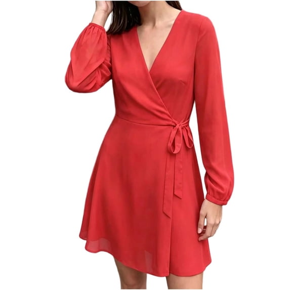 Cmfcve Wrap Dresses for Women A-Line Casual Long Sleeve v Neck Tie Waist Mini Dress
