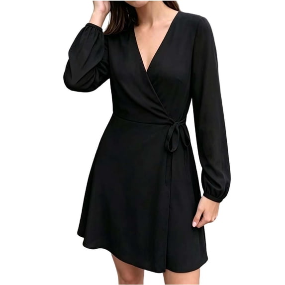 Cmfcve Wrap Dresses for Women A-Line Casual Long Sleeve v Neck Tie Waist Mini Dress
