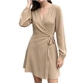 thumbnail image 1 of Cmfcve Wrap Dresses for Women A-Line Casual Long Sleeve v Neck Tie Waist Mini Dress, 1 of 3