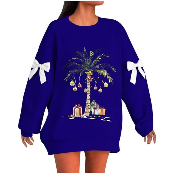 Cmfcve Xmas Sweatshirts for Woman Plus Size Christmas Tree Bow Comfortable Holiday Tops Solid Color Drop Shoulder Pullover Cute Apparel