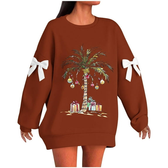 Cmfcve Xmas Sweatshirts for Woman Plus Size Christmas Tree Bow Comfortable Holiday Tops Solid Color Drop Shoulder Pullover Cute Apparel