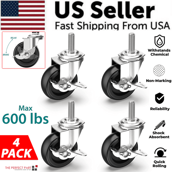 Cmfohlke 3-Inch Swivel Stem Casters, 4-Pack with 2 Brakes and Mounting Hardware