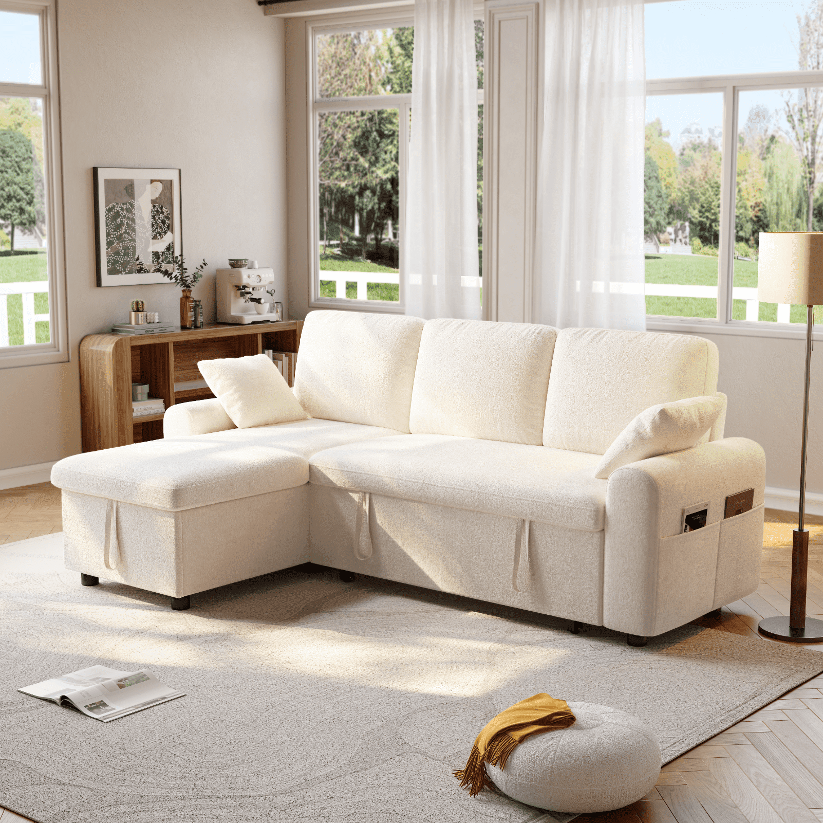 Cmofy 85" L-Shaped Sleeper Sofa – 2-in-1 Convertible Sectional Couch Bed, Pull-Out Bed, 2 Pillows, Boucle Fabric, White– Modern Living Room Furniture