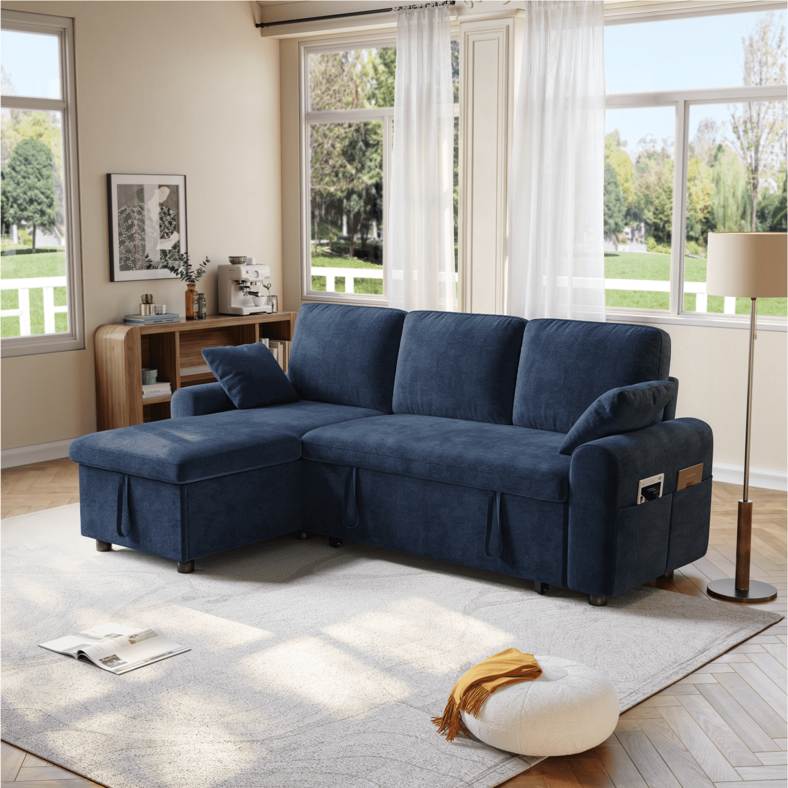 そふぁ Monland 84 in. Square Arm Linen Upholstered L-Shaped Chaise