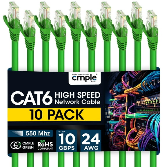 Cmple - 10 Pack Cat6 Ethernet Cable 1.5 ft Cat 6 Network Cables with RJ45 Connectors 10Gbps Computer LAN Patch Cord Router Internet Wire - Green