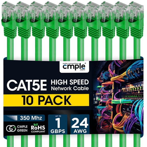 Cmple - 10 Pack Cat5e Ethernet Cable 10ft Computer Router Cables with RJ45 Connectors 1Gbps Ethernet Patch Cord 350Mhz Lan Wire - Green