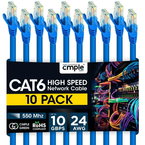 Cmple - 10 Pack Cat6 Ethernet Cable 10 ft Cat 6 Network Cables with RJ45 Connectors 10Gbps Computer LAN Patch Cord Router Internet Wire - Blue