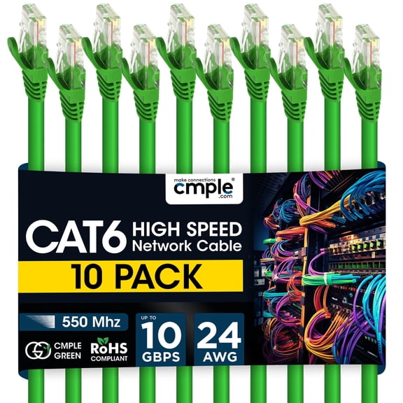 Cmple - 10 Pack Cat6 Ethernet Cable 3 ft Cat 6 Network Cables with RJ45 Connectors 10Gbps Computer LAN Patch Cord Router Internet Wire - Green