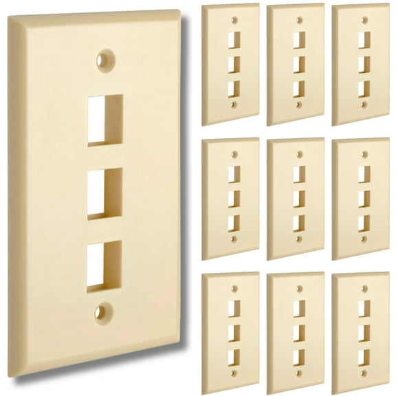Cmple - [10 PACK] 3 Port Keystone Wall Plate Single-Gang Wall Plate with Standard Size Keystone Jack Insert - Ivory