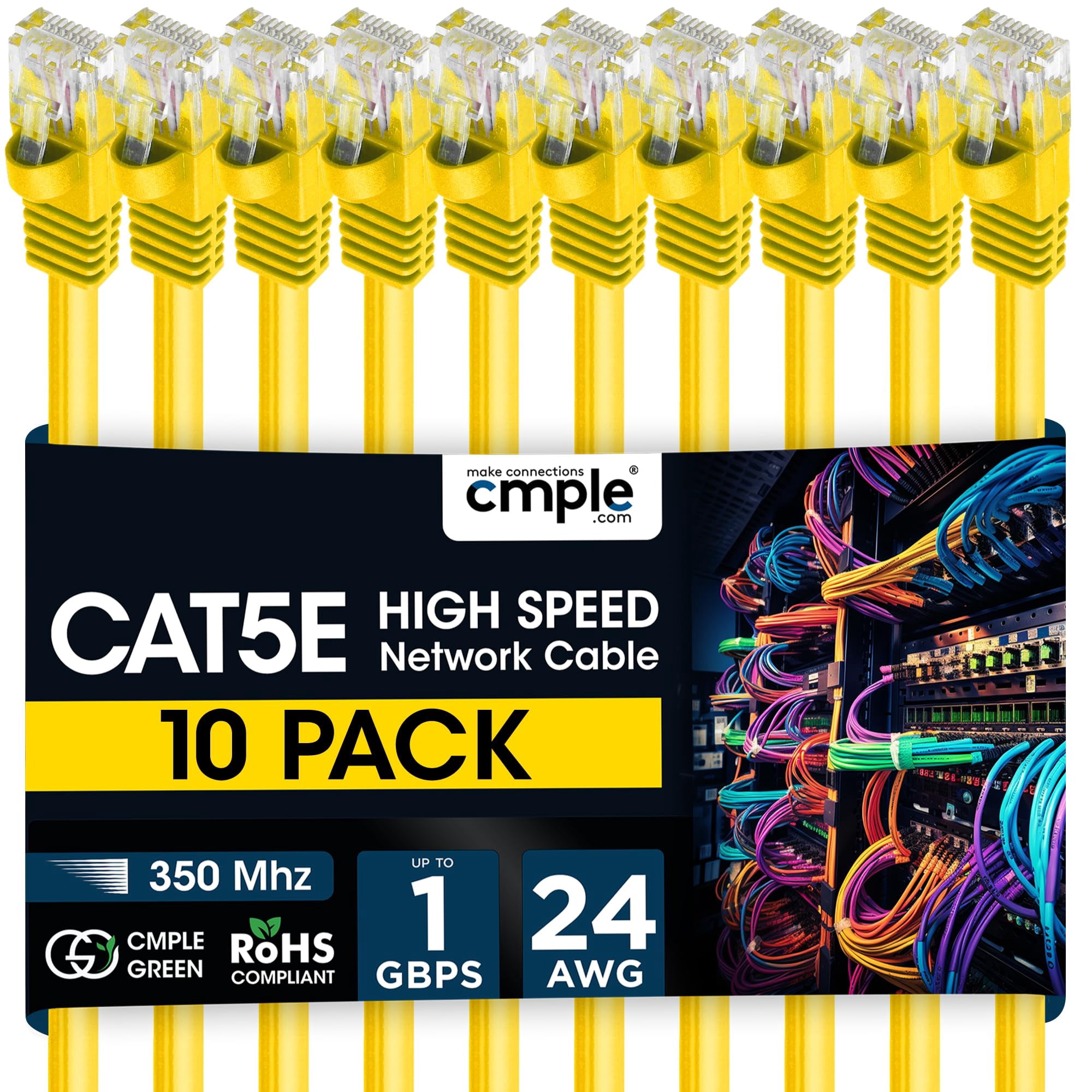 Cmple - 10 Pack Cat5e Ethernet Cable 15ft Computer Router Cables with RJ45 Connectors 1Gbps Ethernet Patch Cord 350Mhz Lan Wire - Yellow
