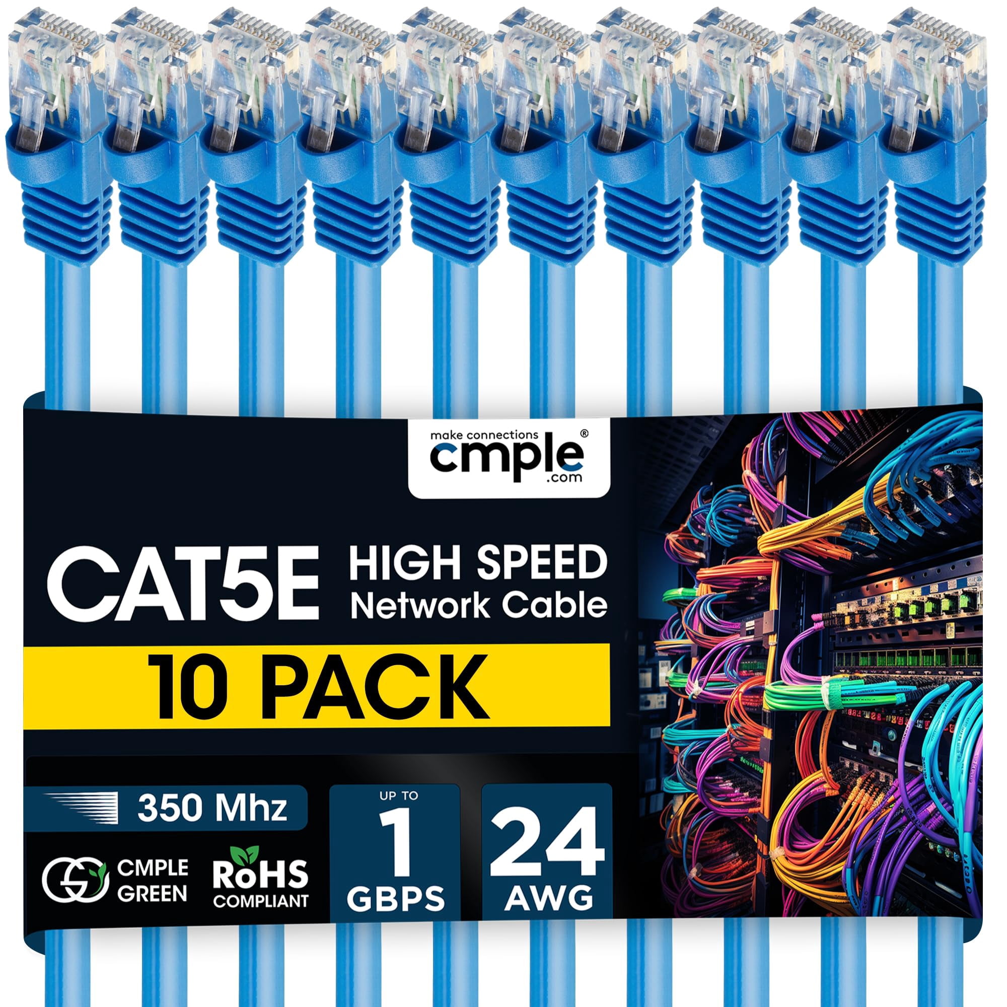Cmple - 10 Pack Cat5e Ethernet Cable 7ft Computer Router Cables with RJ45 Connectors 1Gbps Ethernet Patch Cord 350Mhz Lan Wire - Blue