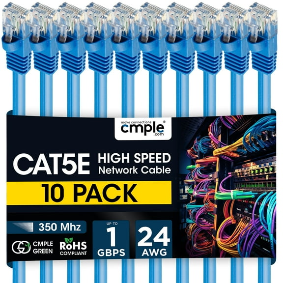 Cmple - 10 Pack Cat5e Ethernet Cable 7ft Computer Router Cables with RJ45 Connectors 1Gbps Ethernet Patch Cord 350Mhz Lan Wire - Blue
