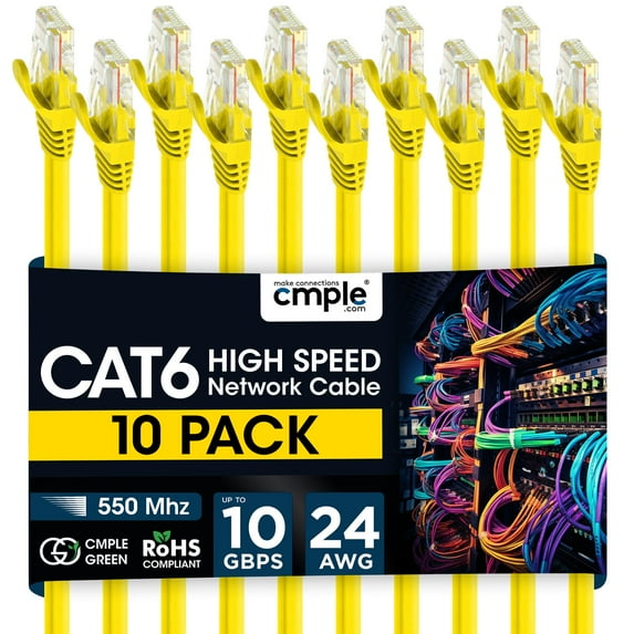 Cmple - 10 Pack Cat6 Ethernet Cable 10 ft Cat 6 Network Cables with RJ45 Connectors 10Gbps Computer LAN Patch Cord Router Internet Wire - Yellow