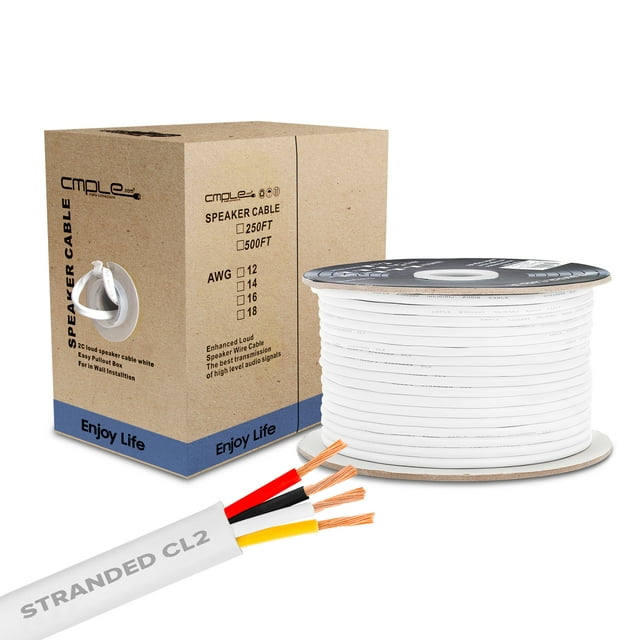 Cmple - 14AWG Speaker Wire Cable with 4 Conductor Speaker Cable (CCA) Copper Clad Aluminum CL2 Rated In-Wall Speaker Wire - 250 Feet, White